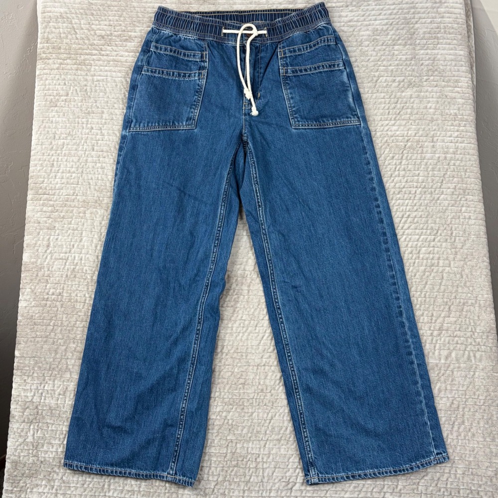 Lands End Womens 8P‎ Wide Leg Denim Pants Elastic Waist Drawstring Blue 552202